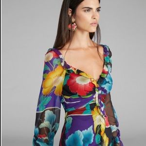 Etro Delicate luxury Floral Print Chiffon Dress 10  Long puff sleeves